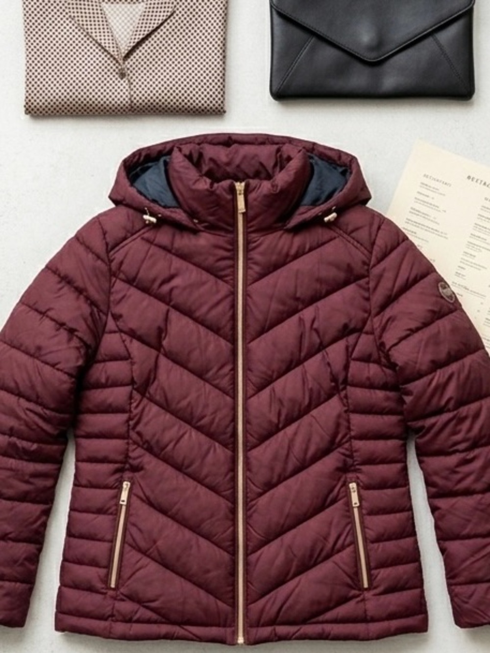 Michael Kors Burgundy Packable Down Fill Puffer Jacket Hooded Women’s L - Picture 3 of 6